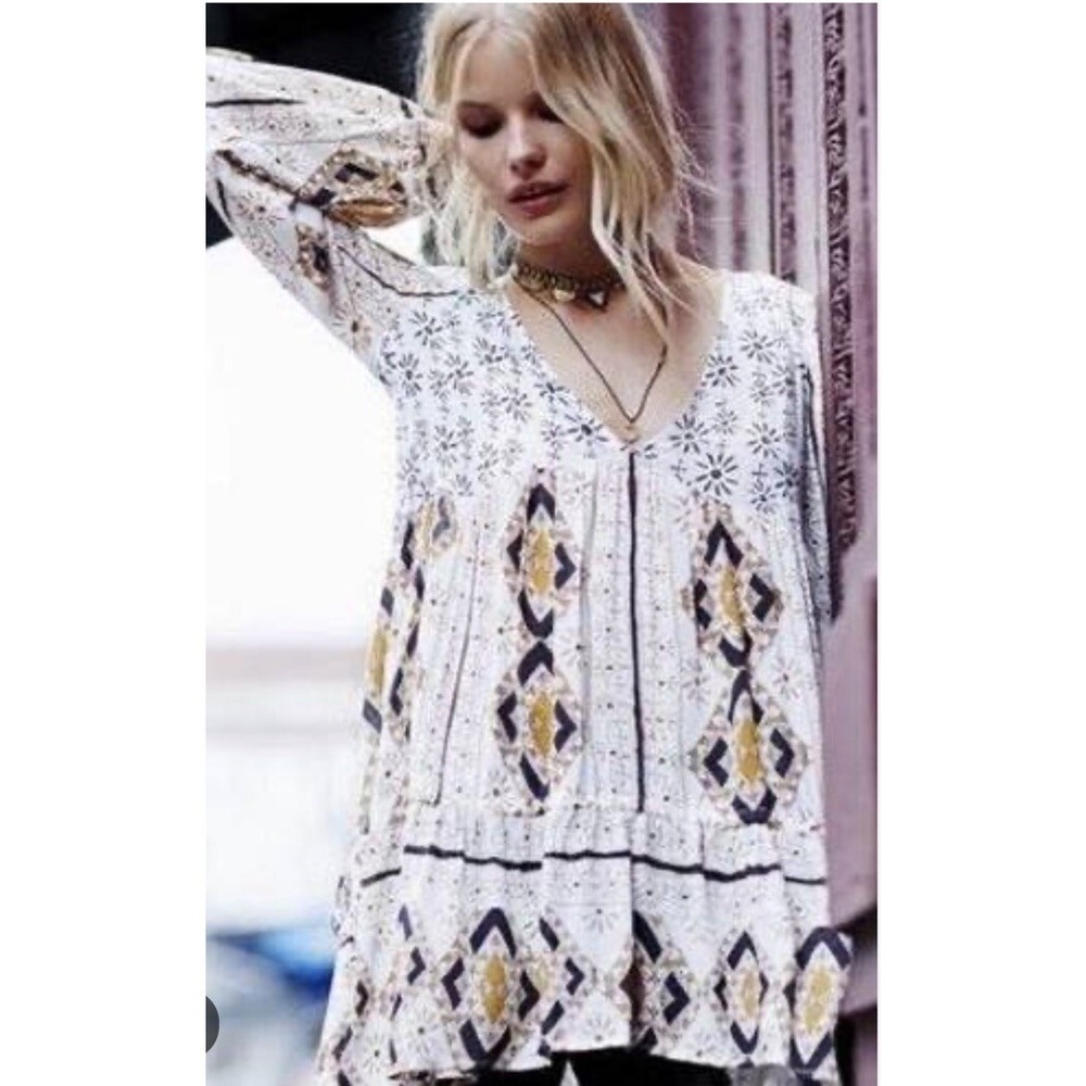 FREE PEOPLE 60's Down By The Bay Tunic Top‎ S V Neck Boho Small